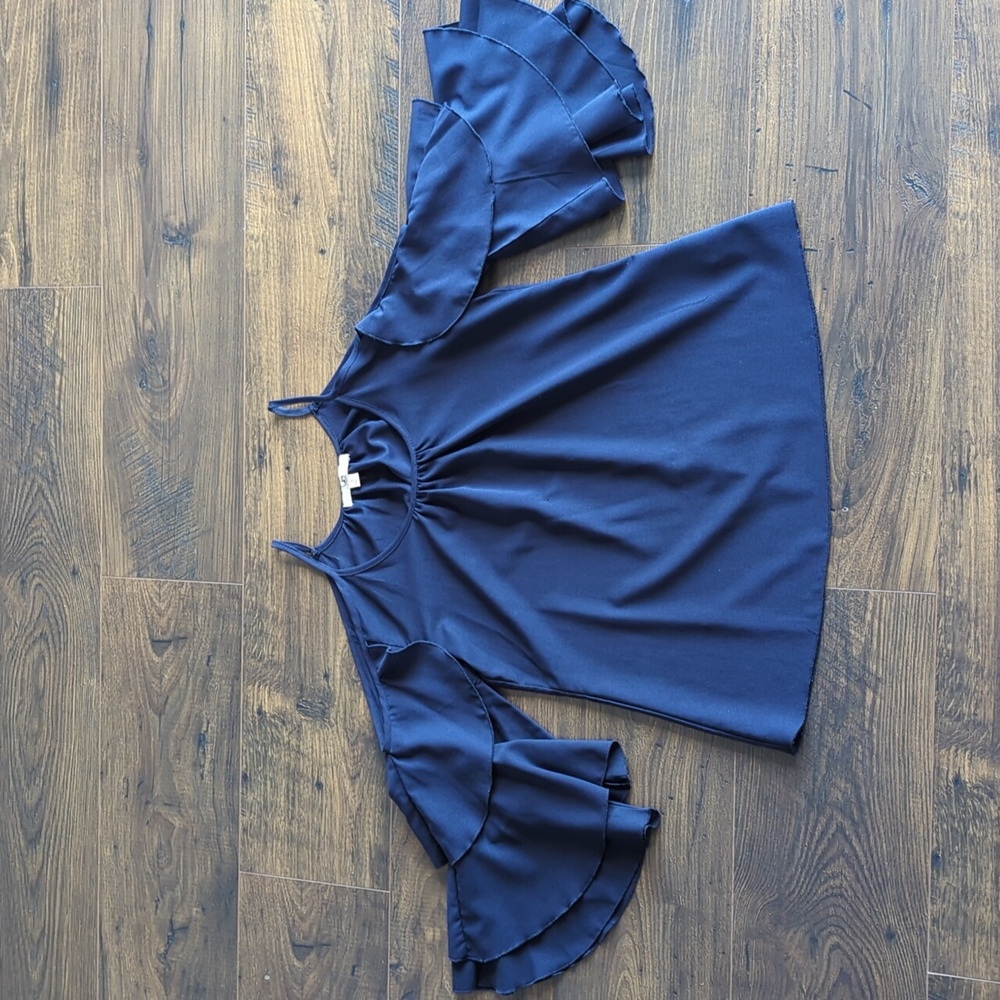 Navy Ruffle Cold Shoulder Party Top - Picture 3 of 12
